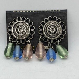 Vintage Silver Tone Floral Dangle Multicolored Bead Pierced Earrings